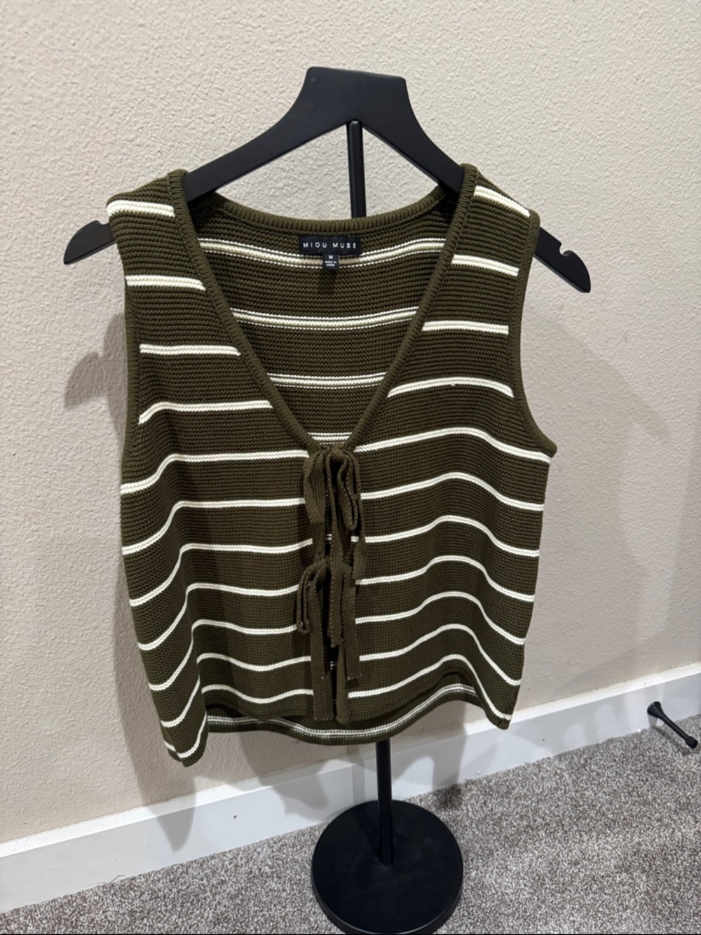 MIOU MUSE Olive & White Striped Tie-Front Knit Tank